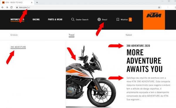 KTM 390 Adventure Brasil no site oficial KTM